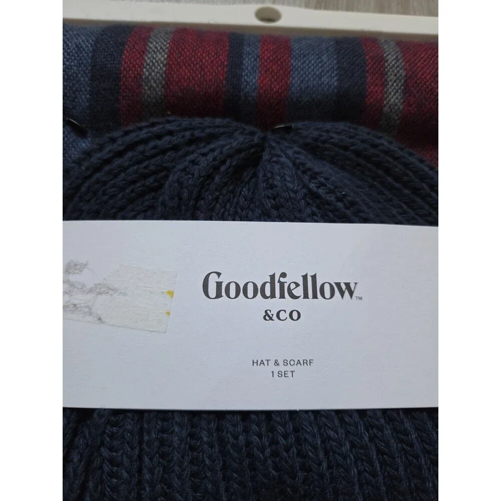 NWT Goodfellow & Co Hat & Scarf Set Blue Red Striped Knit Beanie One Size